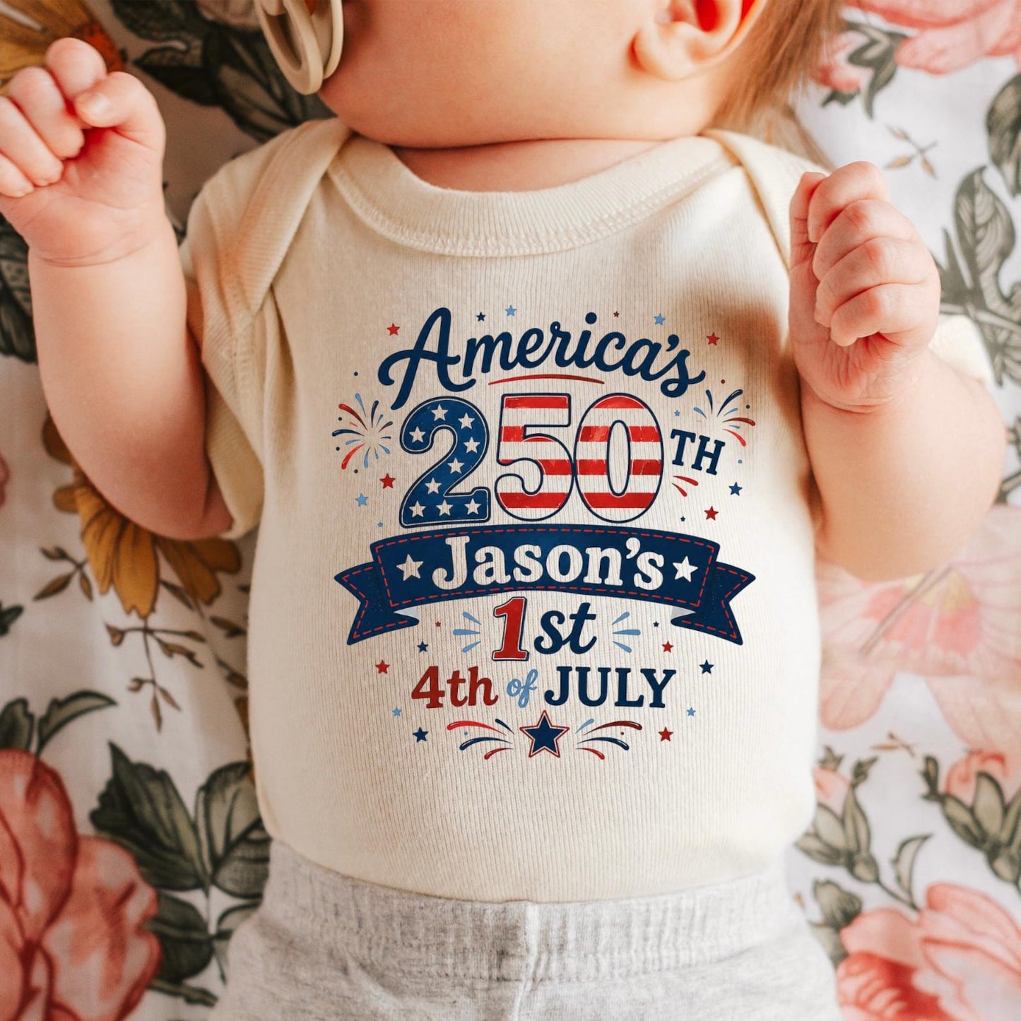 Personalized First 4th Of July Baby Bodysuit, USA 250th Anniversary Outfit, Patriotic Independence Day Baby Gift 685437