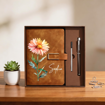 Personalized Birth Flower Leather Notebook, Custom Name Leather Notebook Set Gift For Women, Birthday/Teacher Gift 685381
