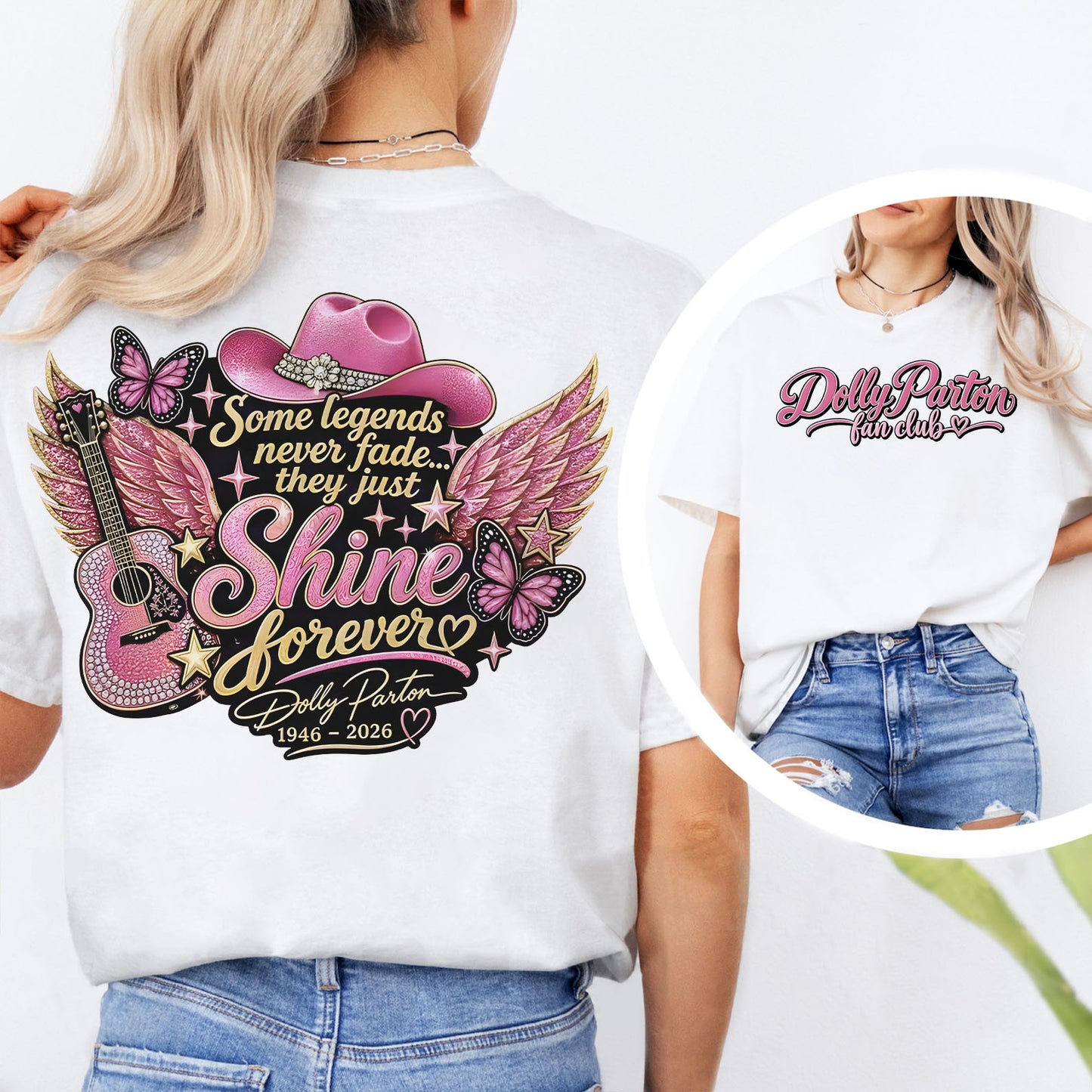 Dolly Parton Memorial Front & Back Bright Shirt, "Shine Forever" Fan Club Tribute Tee 686045