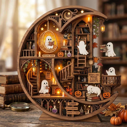 Halloween Ghost Library Wooden Block, Pumpkin Bookshelf Decor, Spooky Autumn Gift 686484 WFD