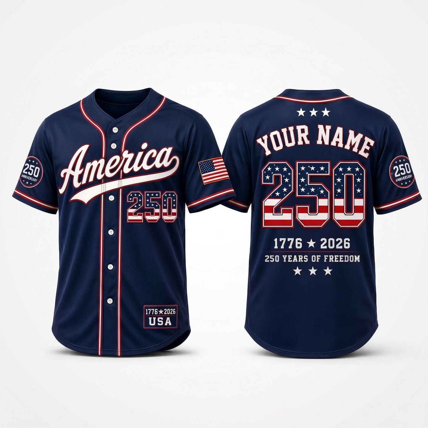 Personalized 250 Years Of Freedom Baseball Jersey, USA 1776-2026 Patriotic Anniversary Shirt 685173