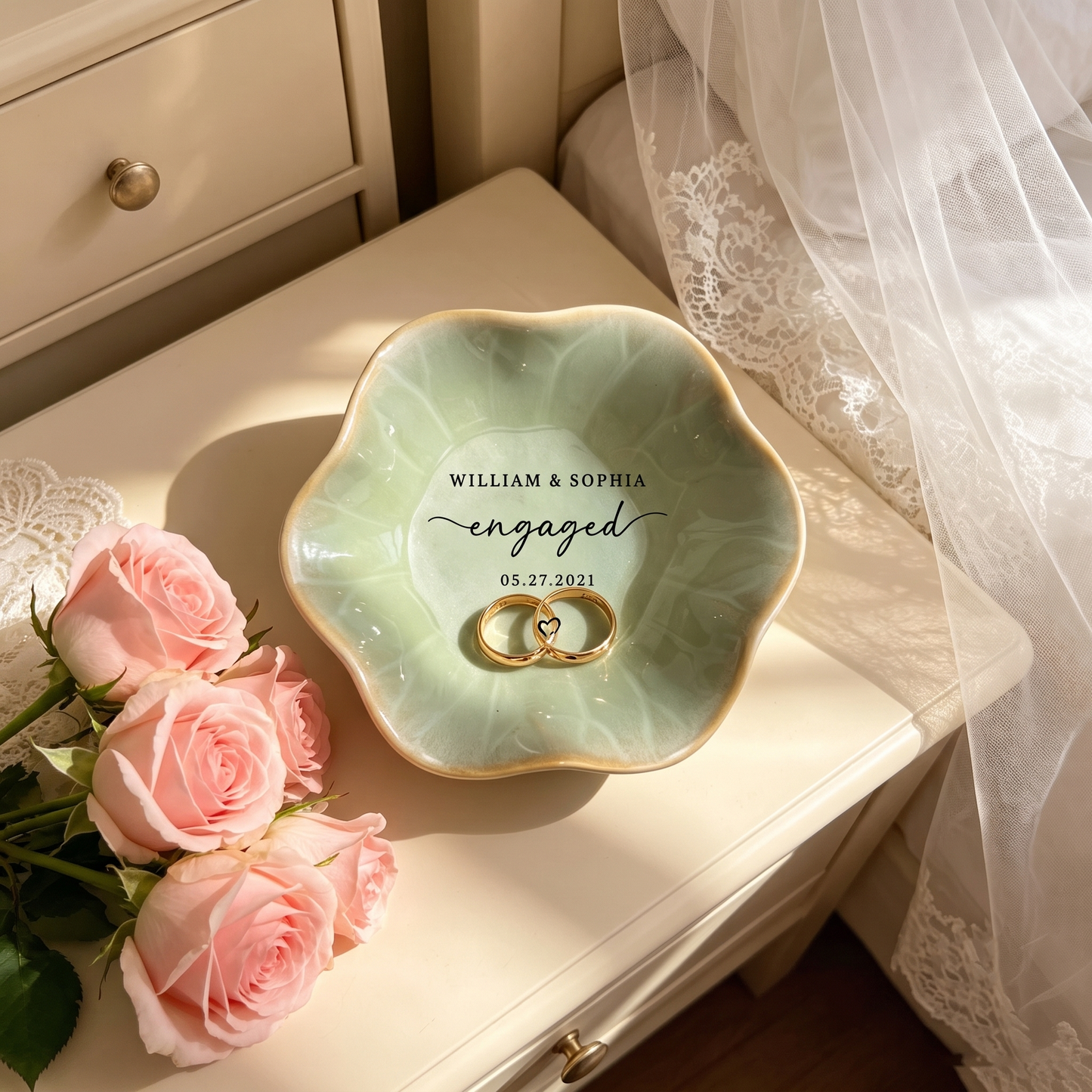 Custom Name Engagement Lotus Shape Jewelry Dish | Personalized Jewelry Dish | Wedding Gift For Couple 685500