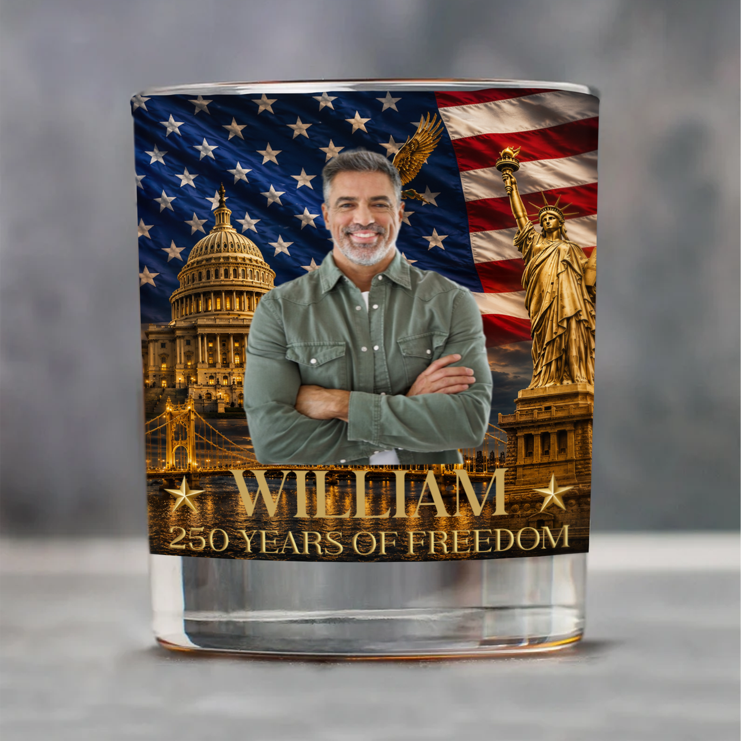 Personalized USA 250 Years Of Freedom Whiskey Glass, Custom Photo Patriotic 4th Of July Glass 685026