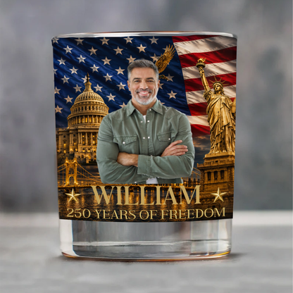 Personalized USA 250 Years Of Freedom Whiskey Glass, Custom Photo Patriotic 4th Of July Glass 685026