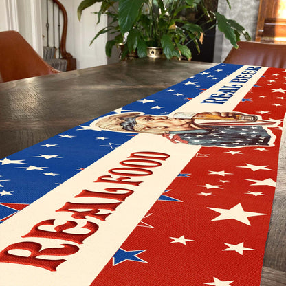 Real Food Real Beer Table Runner | Trump Retro Kissing Beer 4th Of July | Independence Day Table Runner For Kitchen 682330 - GOP