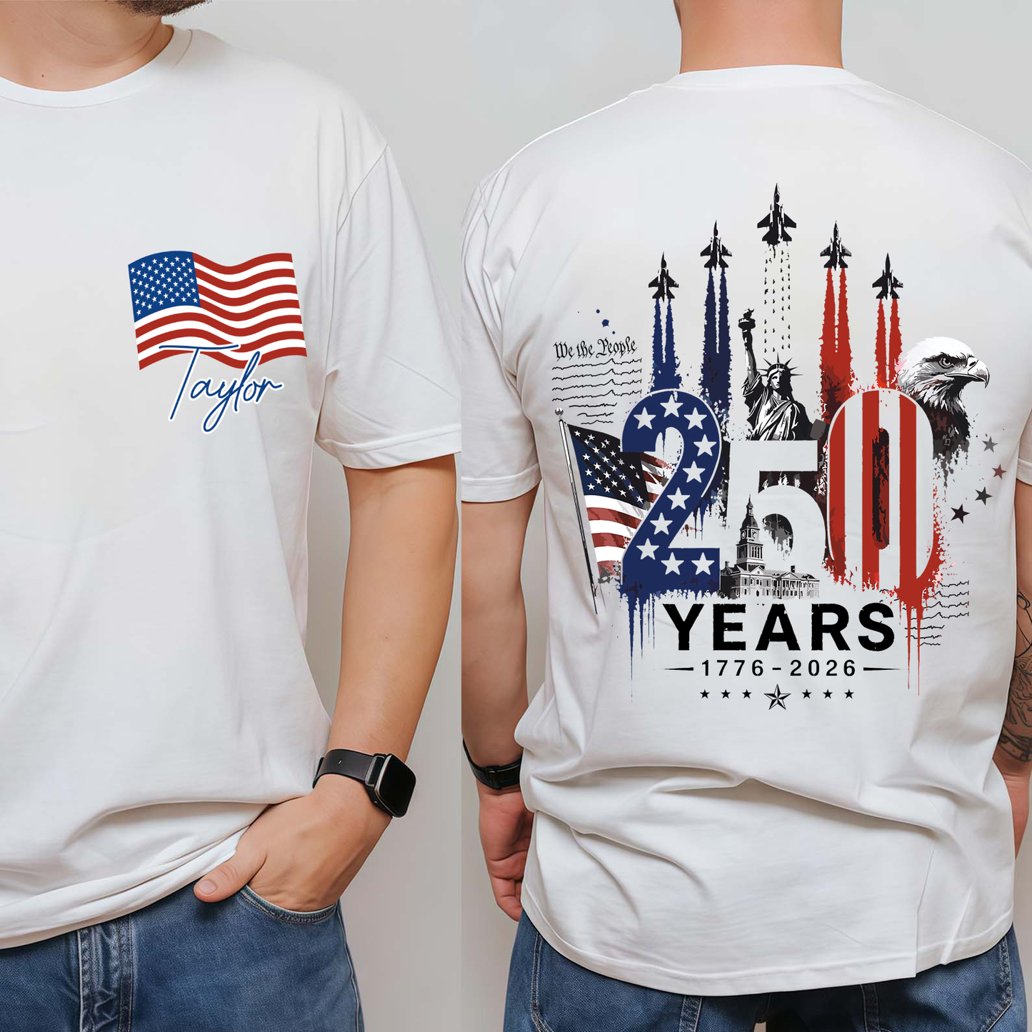 Personalized USA 250th Anniversary Pocket & Back Bright Shirt, 1776-2026 Fighter Jet Tee, Patriotic 4th Of July Gift 685274