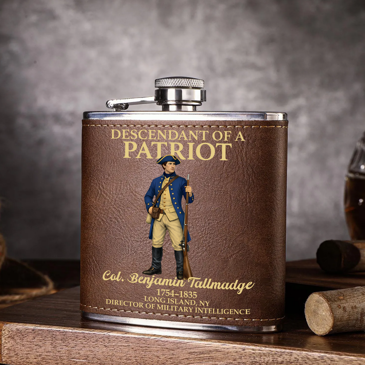 Descendant Of A Patriot Flask, Personalized Leather Flask, 250 Years Of America Gift 684596