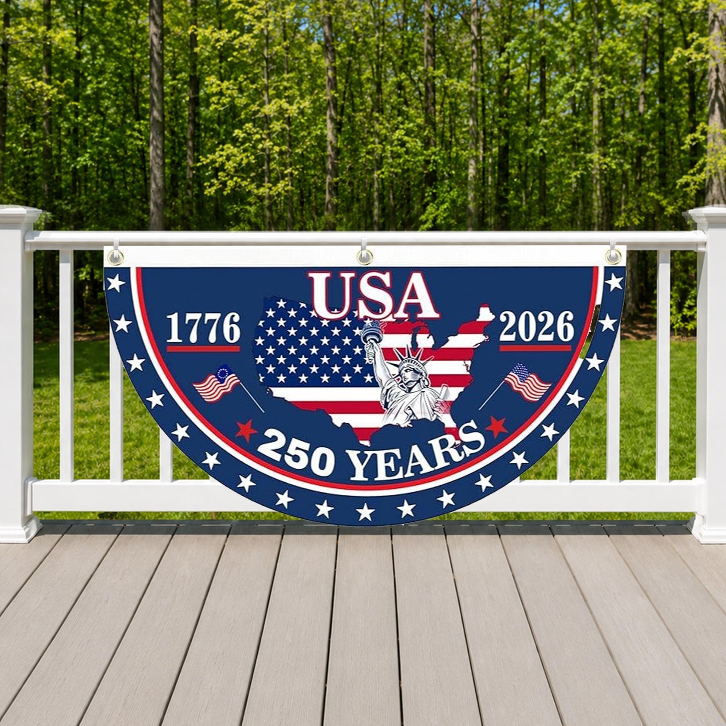 USA 250th Anniversary Semicircle Fence Flag, Patriotic USA 1776–2026 Semiquincentennial Flag 685185