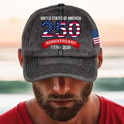 United States Of America 250 Anniversary Vintage Washed Denim Baseball Cap | Patriotic 4th of July Hat 684422