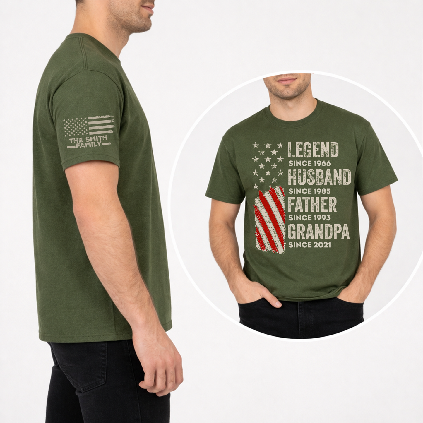 Custom Legend Husband Father Grandpa American Flag T-Shirt - Personalized Years & Family Name Sleeve Shirt - Father's Day Gift 685017