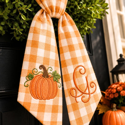 Personalized Pumpkin Wreath Sash, Embroidered Fall Monogram Gingham Door Bow, Thanksgiving Front Door Decor 686028 WFD