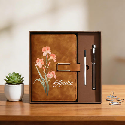 Personalized Birth Flower Leather Notebook, Custom Name Leather Notebook Set Gift For Women, Birthday/Teacher Gift 685381 WFD