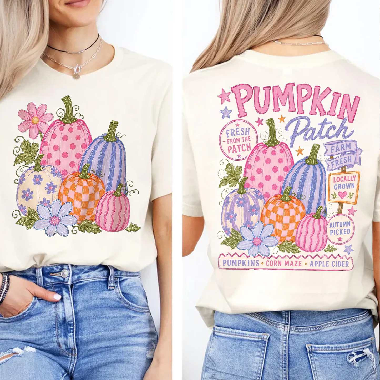 Retro Pumpkin Patch Graphic Front & Back Bright Shirt, Trendy Halloween Apparel, Vintage Autumn Shirt 685863