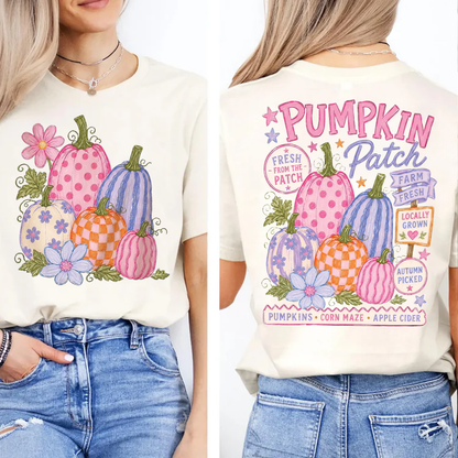 Retro Pumpkin Patch Graphic Front & Back Bright Shirt, Trendy Halloween Apparel, Vintage Autumn Shirt 685863