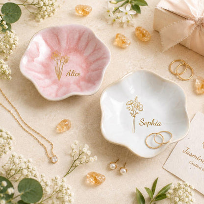 Custom Name Engaged Lotus Shape Jewelry Dish | Personalized Birth Month Flower Jewelry Dish | Wedding Date Gift 685501