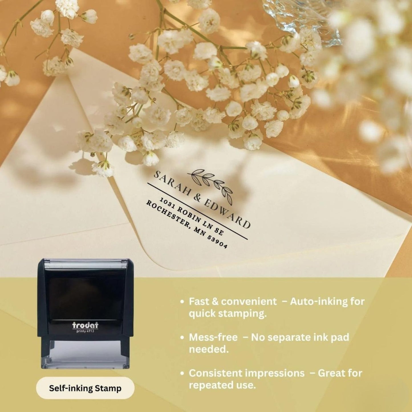 Personalized Return Address Stamp – Self-Inking, Wood Handle & Embosser for Cards and Holiday