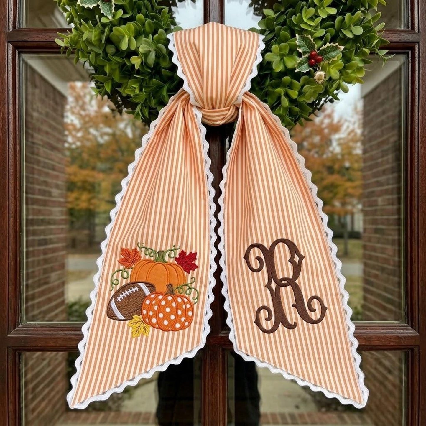 Personalized Football Pumpkin Embroidered Wreath Sash, Fall Kick Off Bow, Striped Front Door Decor 686194 WFD