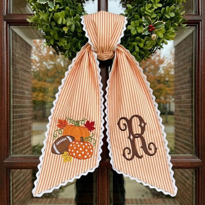 Personalized Football Pumpkin Embroidered Wreath Sash, Fall Kick Off Bow, Striped Front Door Decor 686194 WFD