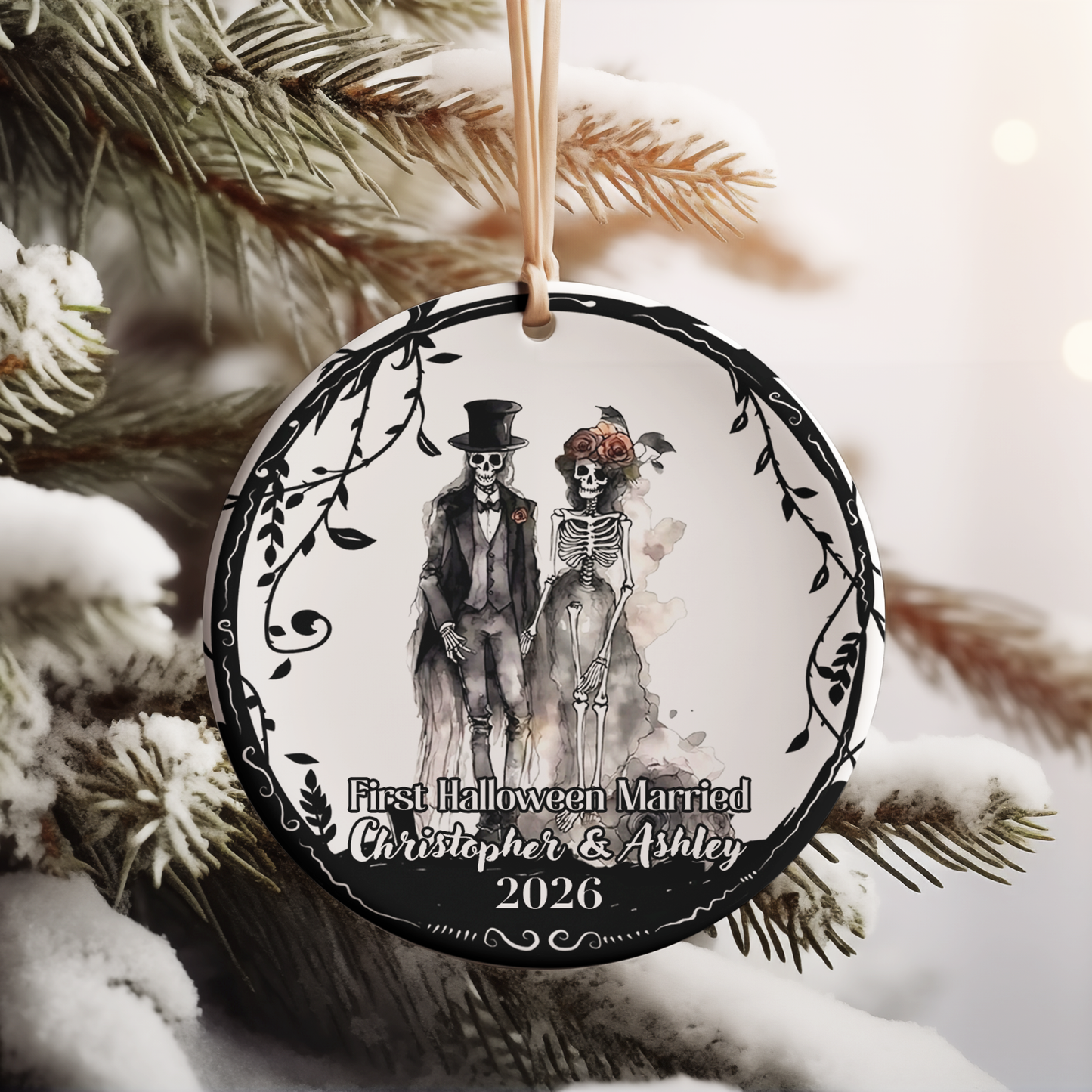 Personalized First Halloween Married Ceramic Ornament, Custom Mr And Mrs Skeleton Keepsake Gift 686005