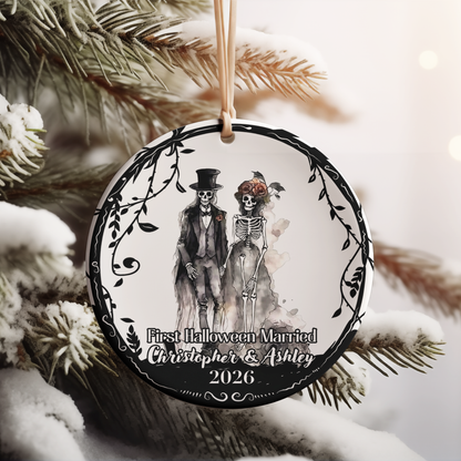 Personalized First Halloween Married Ceramic Ornament, Custom Mr And Mrs Skeleton Keepsake Gift 686005