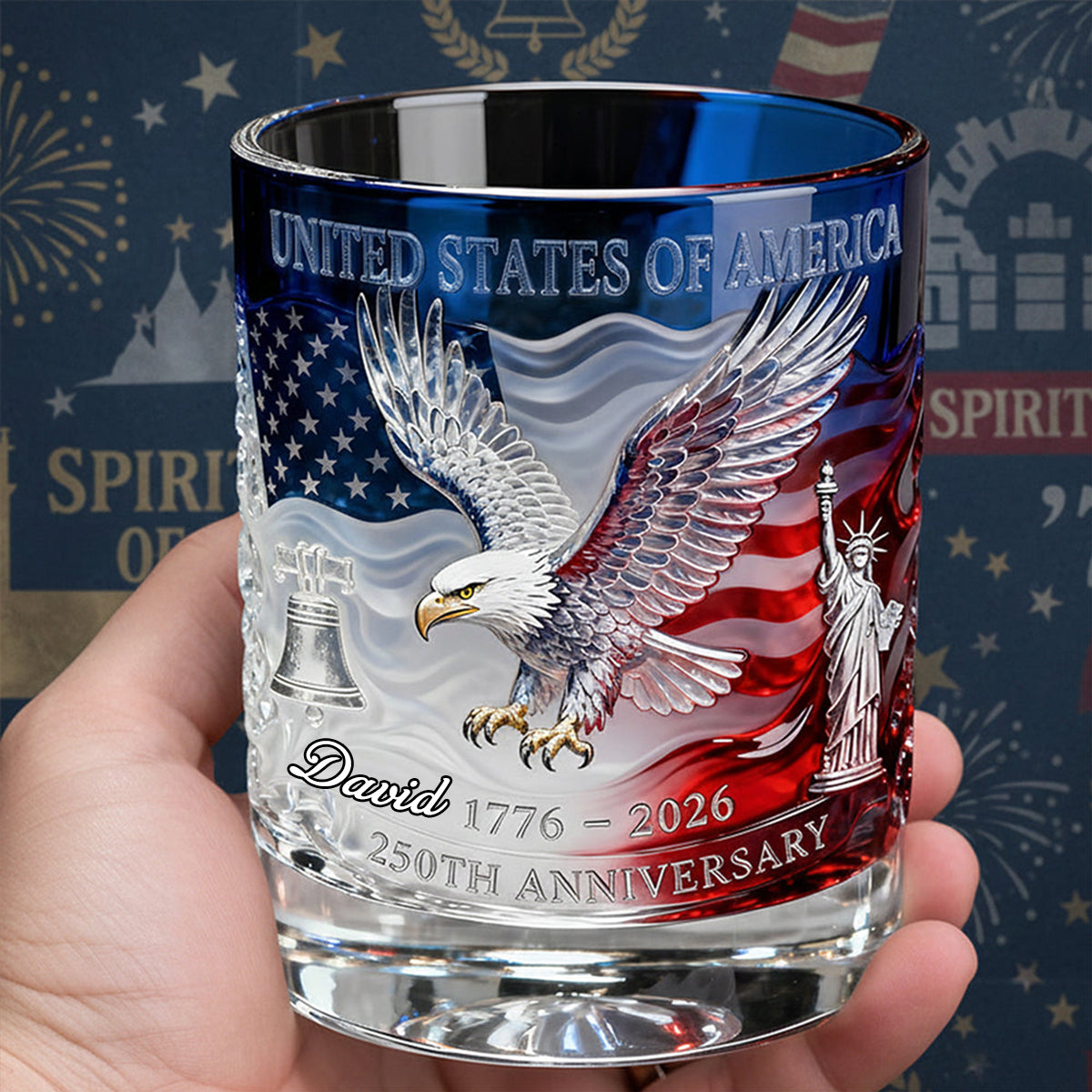 Personalized USA 250th Anniversary Whiskey Glass, Custom Name Patriotic 4th Of July Glass 685289