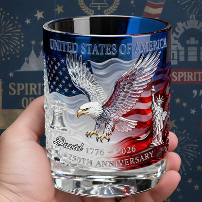 Personalized USA 250th Anniversary Whiskey Glass, Custom Name Patriotic 4th Of July Glass 685289