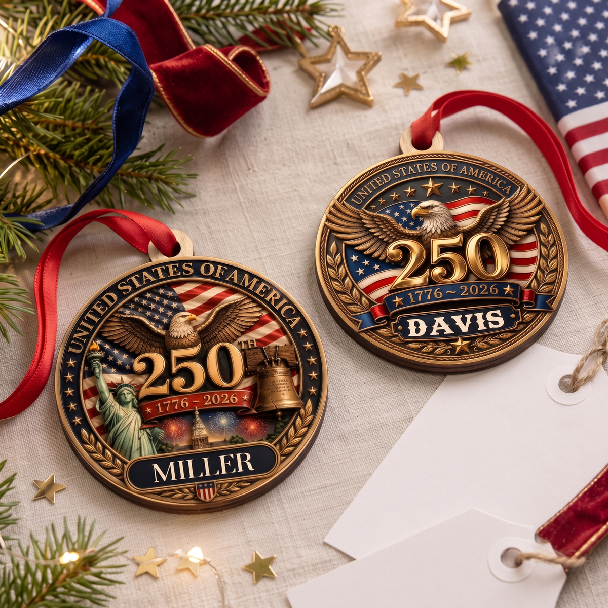 Personalized America 250th Anniversary Wood Ornament | USA Patriotic Liberty Bell Christmas Decoration 686483 WFD