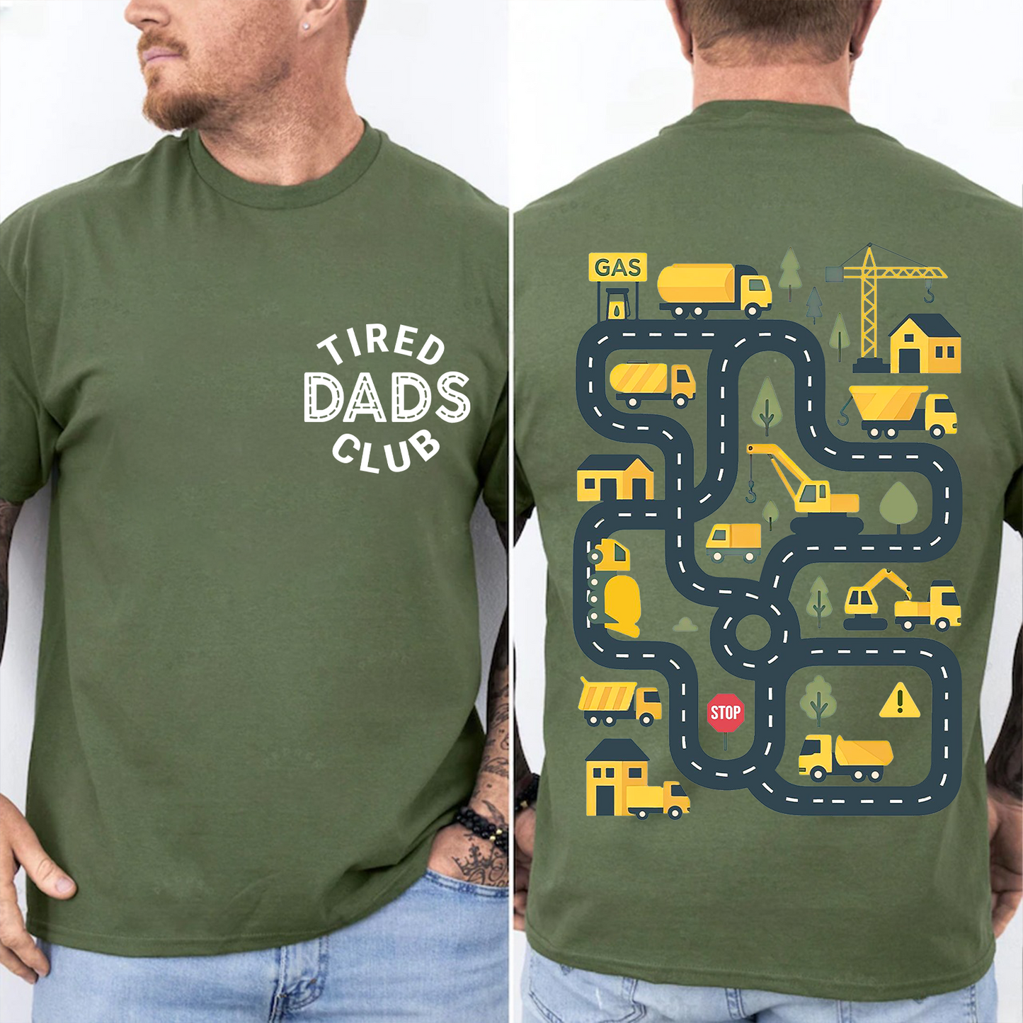 Funny Tired Dads Club Dark Shirt With Construction Track Back Print, Father’s Day Pocket & Back Shirt 684934