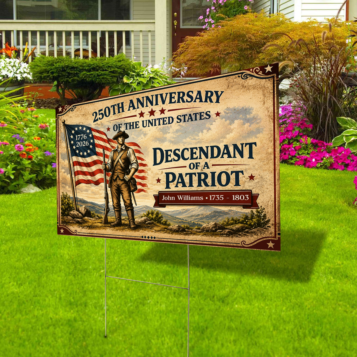 Personalized America 250th Anniversary Yard Sign | Custom Name Descendant Of A Patriot Yard Sign | Patriotic 4th Of July Garden Decor 684963