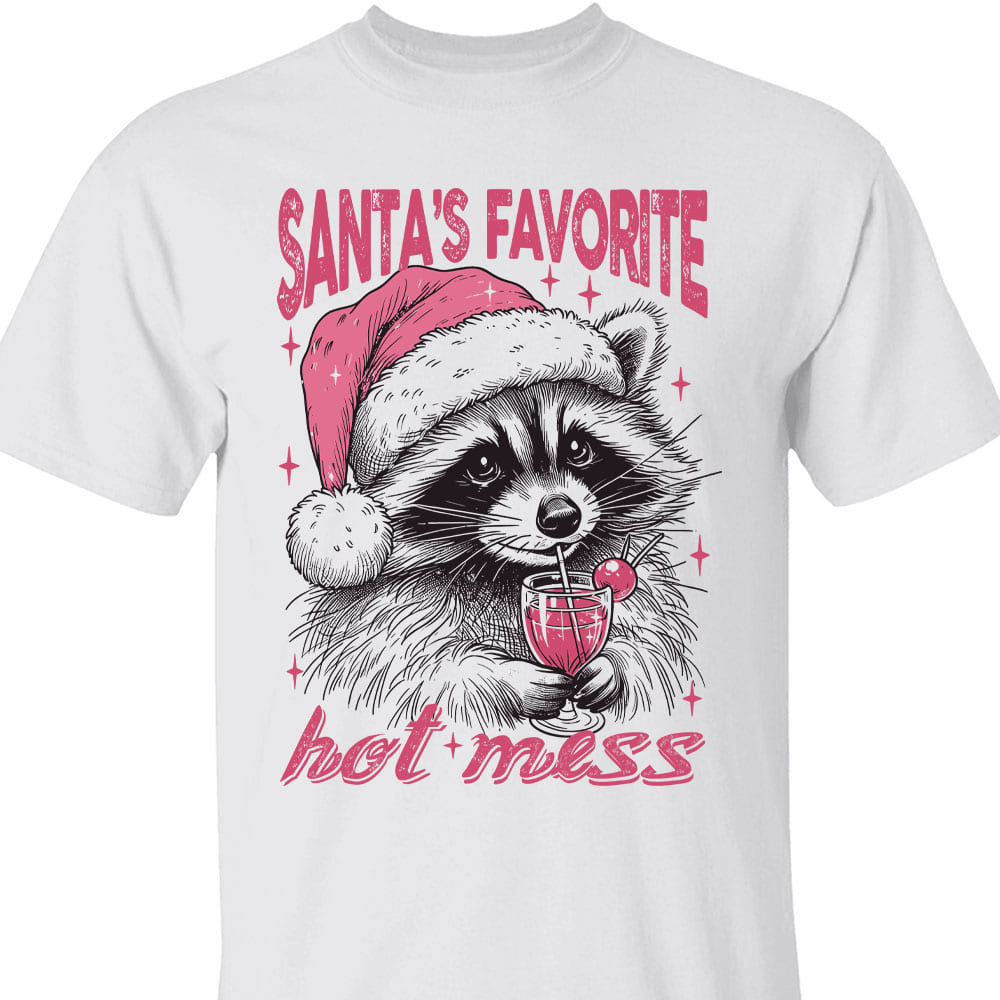 Santa's Favorite Hot Mess Shirt, Funny Christmas Raccoon Sweater, Trendy Pink Christmas Sweatshirt T1640