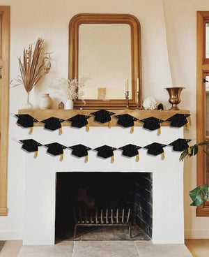 Graduation Decorations Class of 2024 Glitter Pre-Strung Congrats Grad Graduation with Tassel Party Congratulations Banner Decor College High School Graduation Party Favors Black