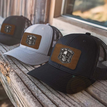 Patriotic 250 Years We the People Trucker Leather Patch Hat, USA Flag Skull America 1776 Cap 683821