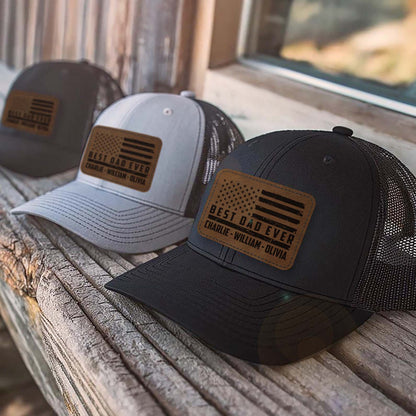 Custom Name Best Dad Ever Trucker Leather Patch Hat, Best Papa Cap with American Flag, Gift for Husband, Grandpa, Him 683843