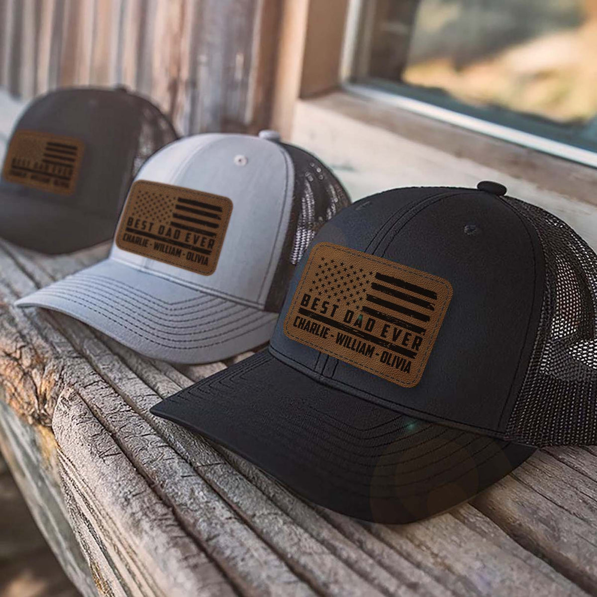 Custom Name Best Dad Ever Trucker Leather Patch Hat, Best Papa Cap with American Flag, Gift for Husband, Grandpa, Him 683843