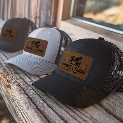Custom Cow Farm Trucker Leather Patch Hat, Personalized Cow Calf Farm Name Laser-Engraved Cap 683837