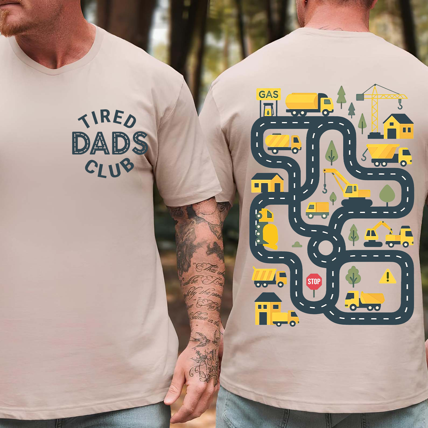 Funny Tired Dads Club Bright Shirt With Construction Track Back Print, Father’s Day Pocket & Back Shirt 684934