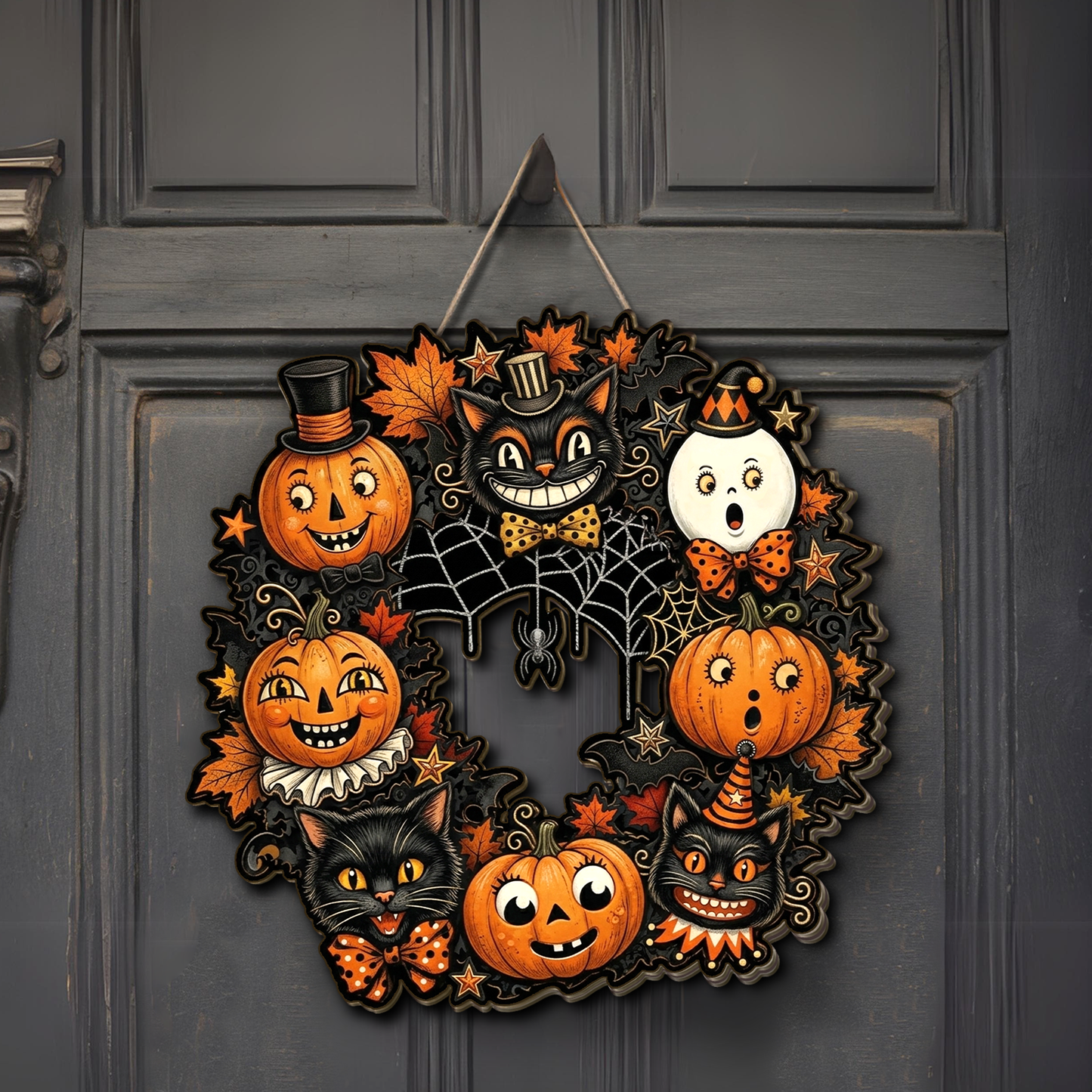 Custom Family Name Halloween Wooden Sign - Vintage Pumpkin & Black Cat Door Wreath 685857