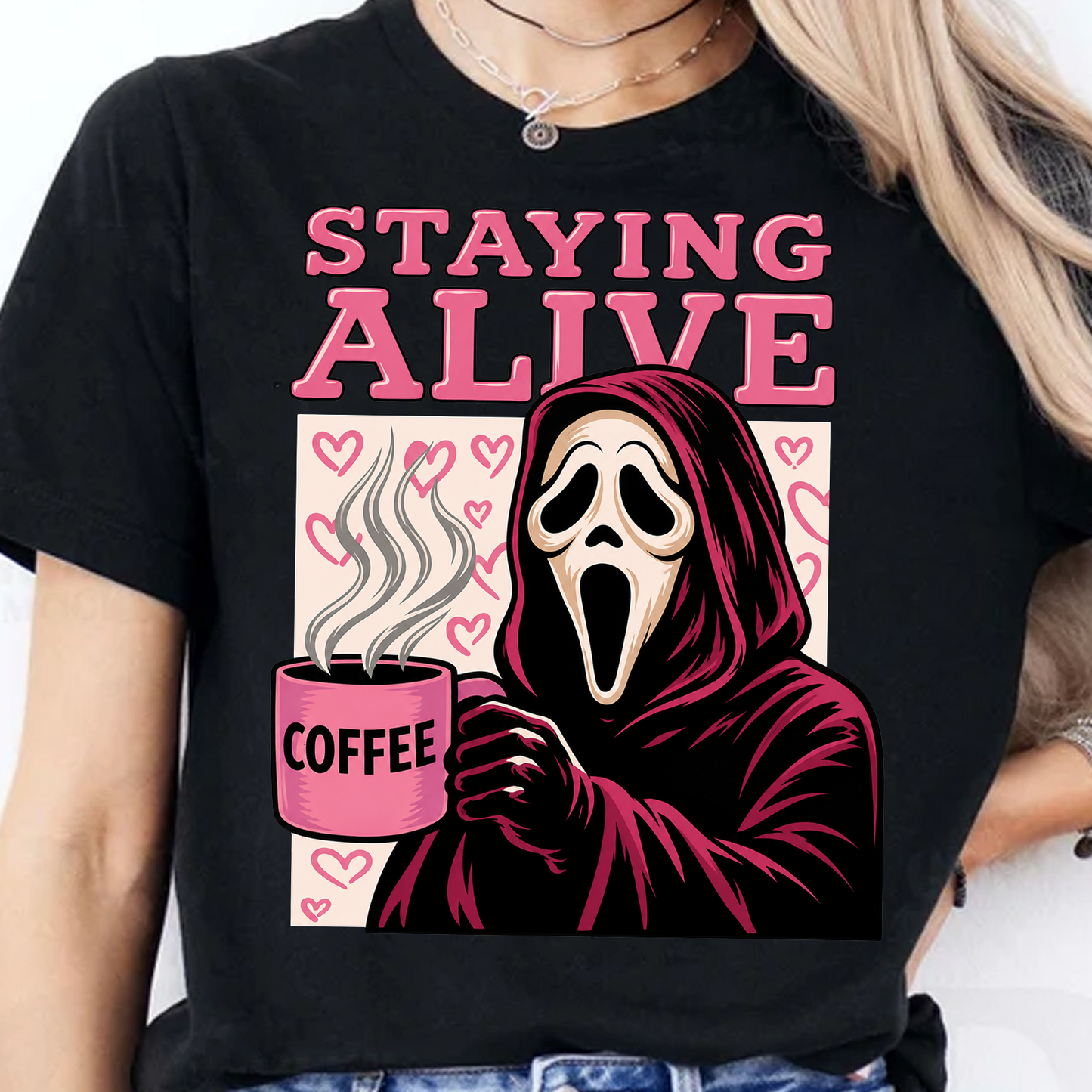 Funny "Staying Alive" Coffee Horror Dark Shirt, Funny Spooky Halloween Tee 685830