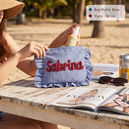 Personalized Ruffle Bridal Makeup Bag, Custom Chenille Name Cosmetic Pouch, Travel Toiletry Bag Gift For Her 685576