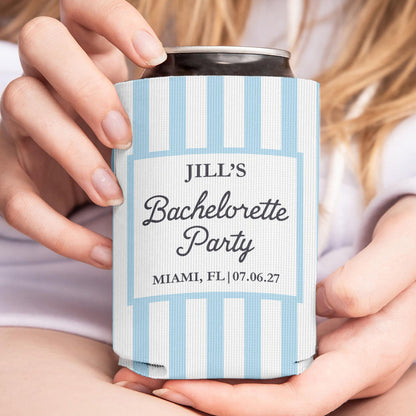 Personalized Summer Bachelorette Party Can Cooler, Custom Text Drink Holder, Coastal Themed Can Sleeve 685505
