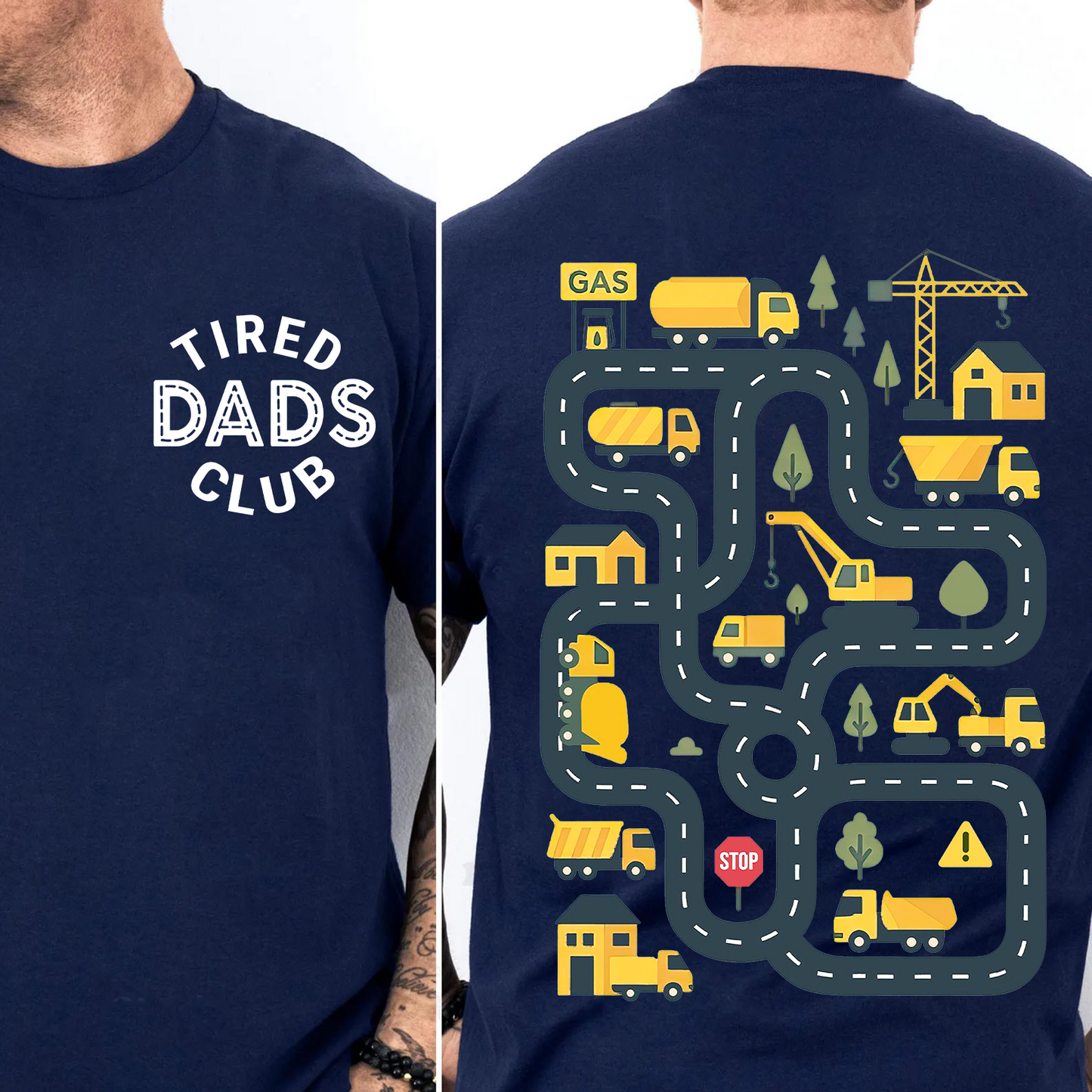 Funny Tired Dads Club Dark Shirt With Construction Track Back Print, Father’s Day Pocket & Back Shirt 684934