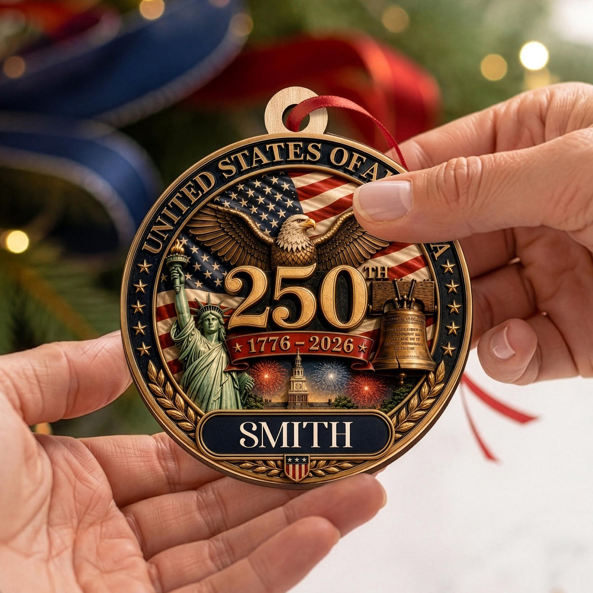 Personalized America 250th Anniversary Wood Ornament | USA Patriotic Liberty Bell Christmas Decoration 686483 WFD