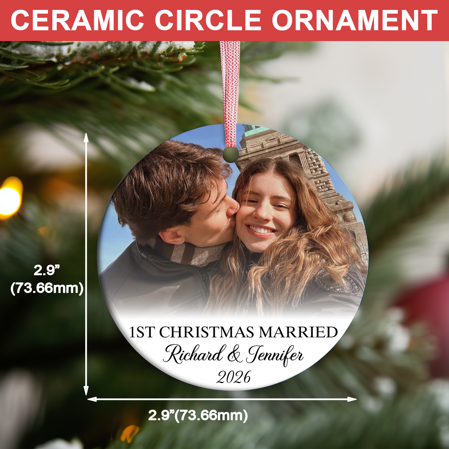 Personalized Engagement Ceramic Ornament, Custom Photo First Christmas Married Ornament, Marriage Ceremony Gift 685775