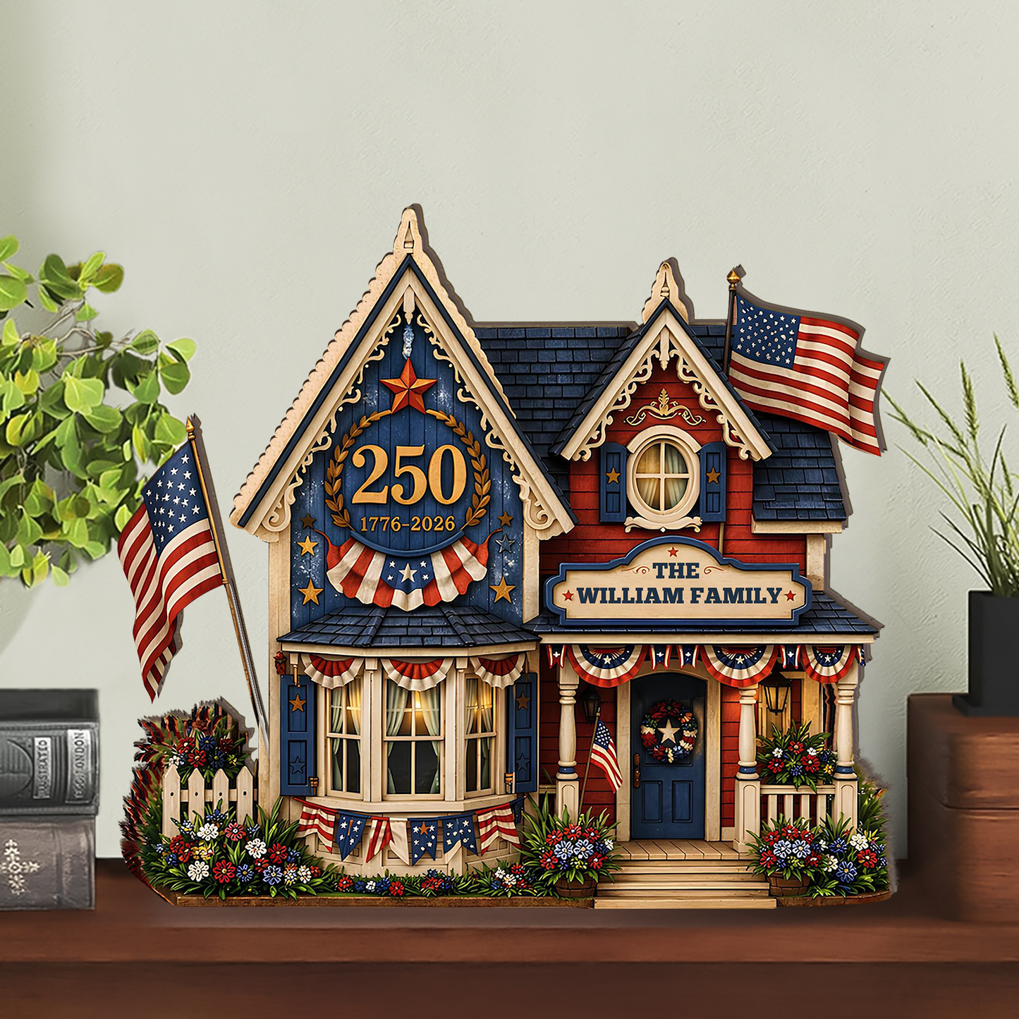 Custom Family Name USA 250th Anniversary Wooden Block | Personalized Wooden House Decor | Patriotic 4th Of July Decoration 685169