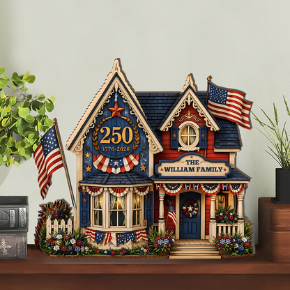 Custom Family Name USA 250th Anniversary Wooden Block | Personalized Wooden House Decor | Patriotic 4th Of July Decoration 685169