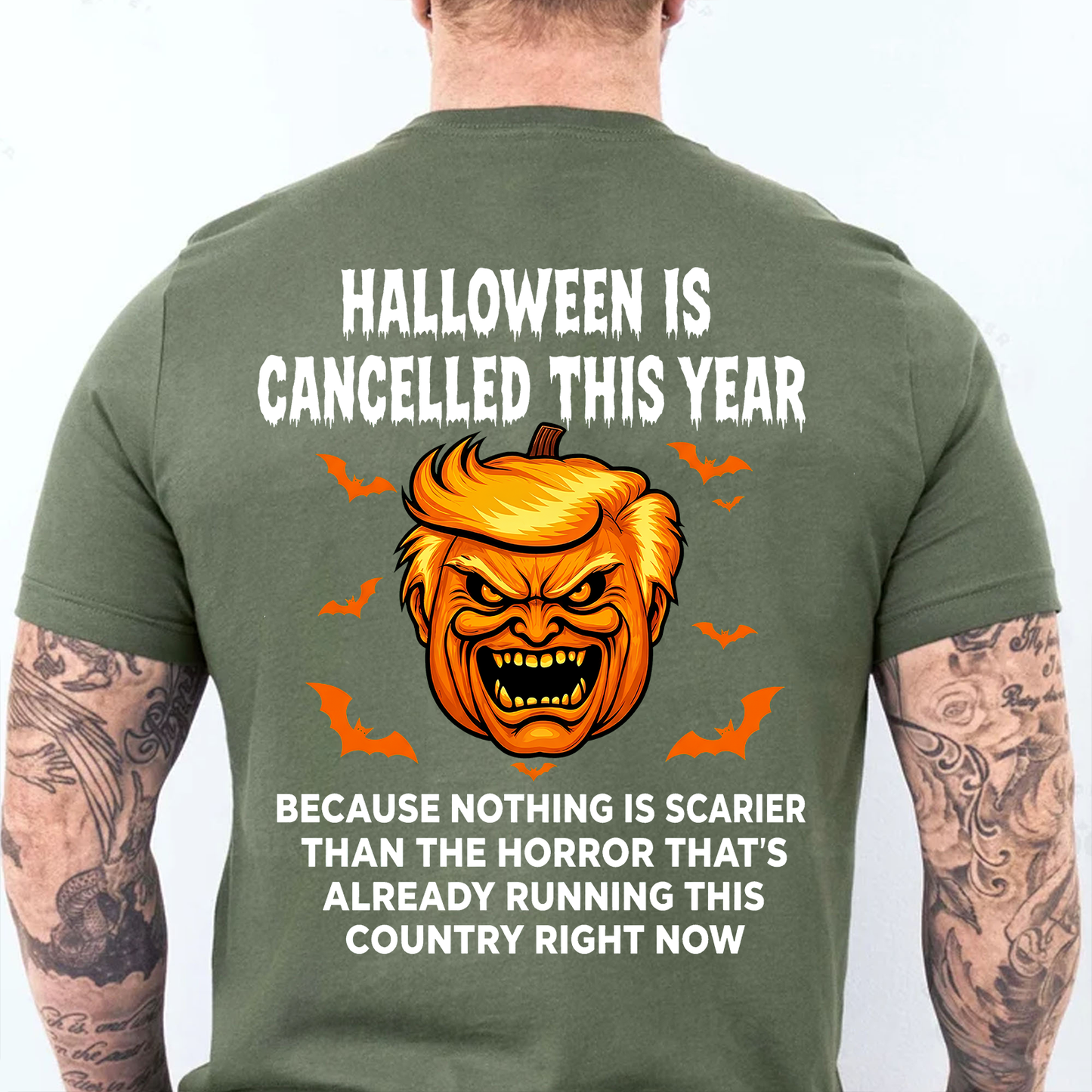 Funny Anti Trump "Halloween Is Cancelled" Backside Dark Shirt, Pumpkin Horror Graphic Tee For Halloween 685760