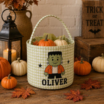 Personalized Halloween Basket For Kids, Custom Name Trick Or Treat Bucket, Embroidered Gingham Candy Bucket 686181 WFD