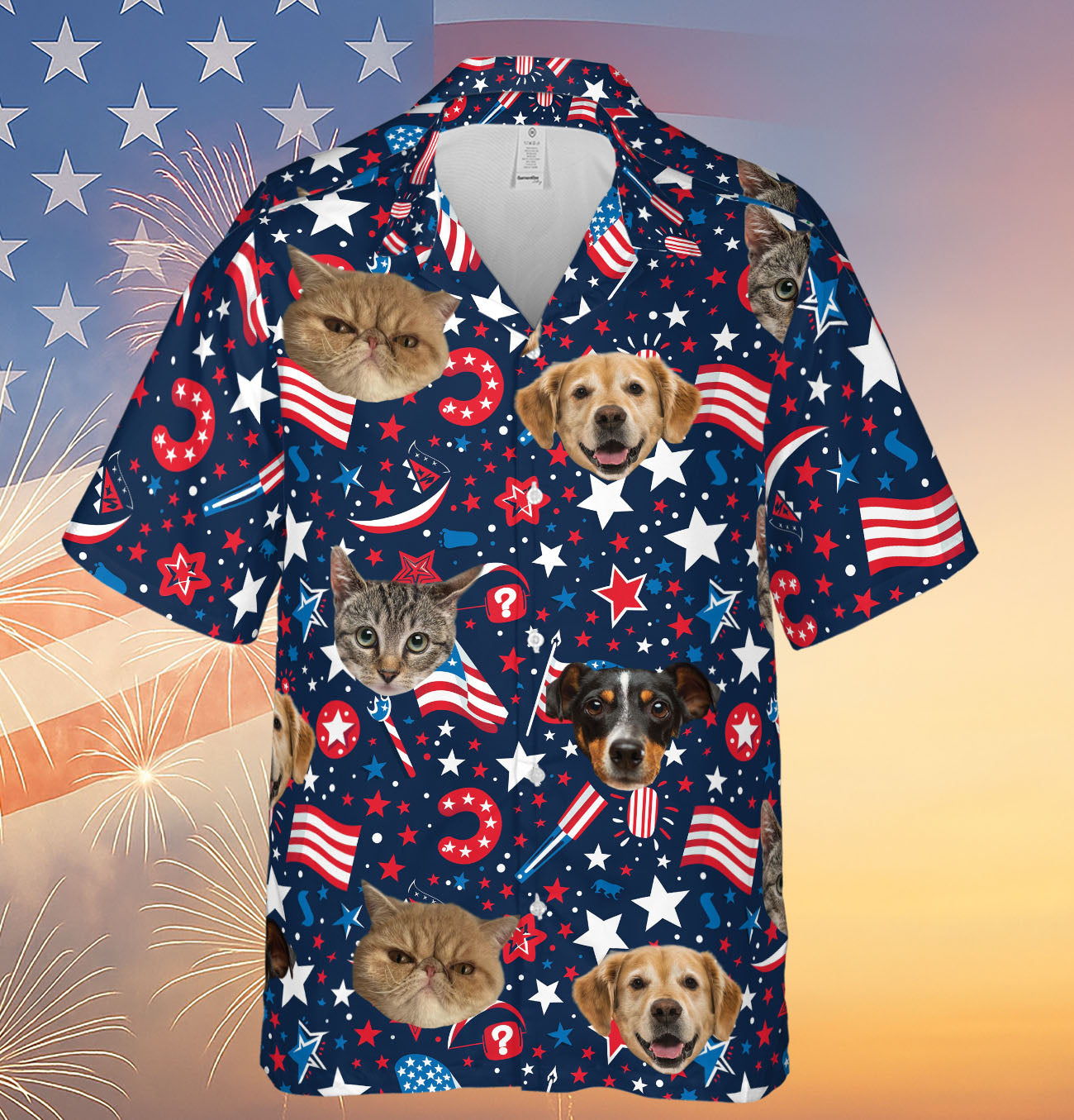 Custom Pet Face Hawaiian Shirt | Personalized Dog Cat Photo Independence Day Shirt | 4th of July Hawaiian Shirt 682302