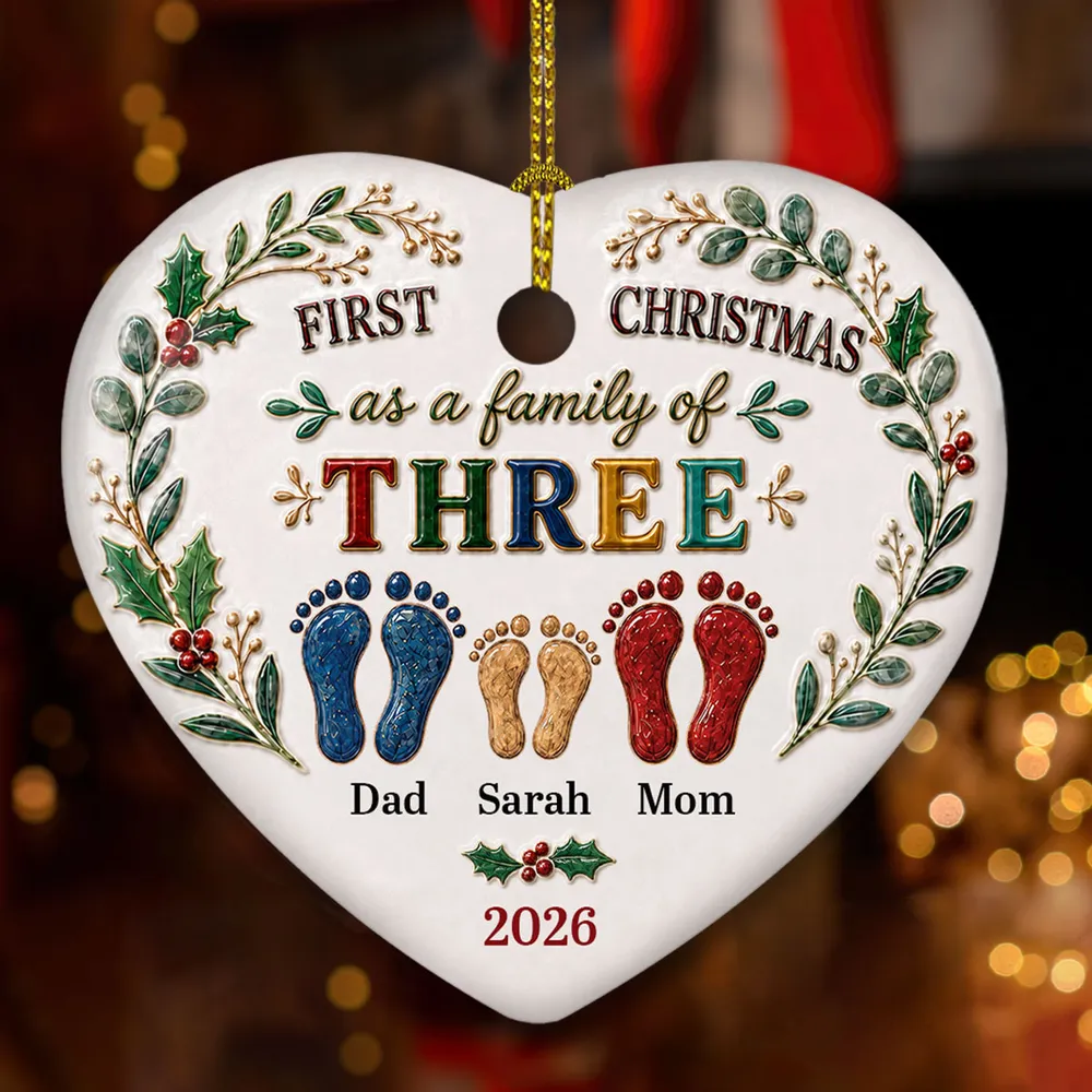 Personalized First Christmas As A Family 3D Relief White Ceramic Ornament, Custom Christmas Keepsake Gift 686882 WFD