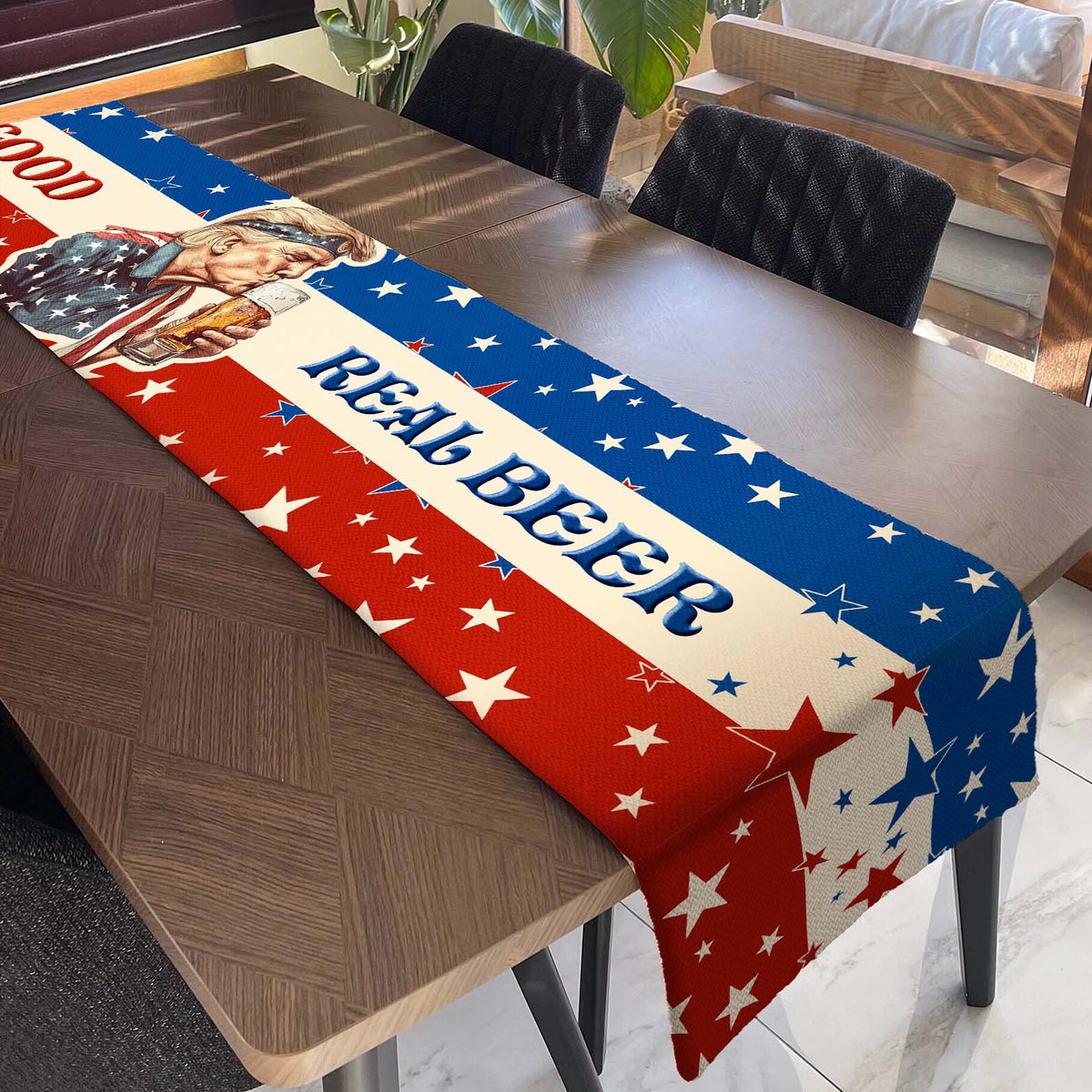 Real Food Real Beer Table Runner | Trump Retro Kissing Beer 4th Of July | Independence Day Table Runner For Kitchen 682330 - GOP